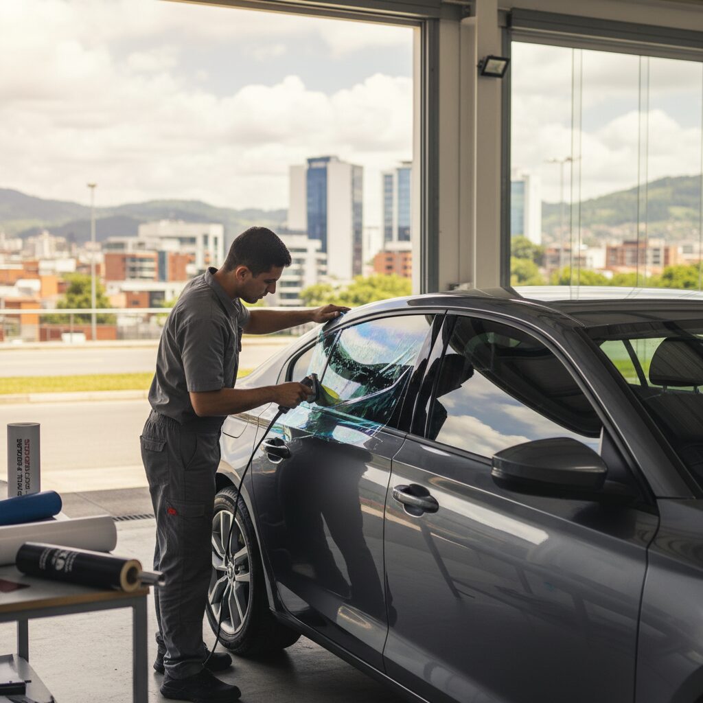 Aplicación de pelicula polarizada en ventana de vehículo en Bogotá