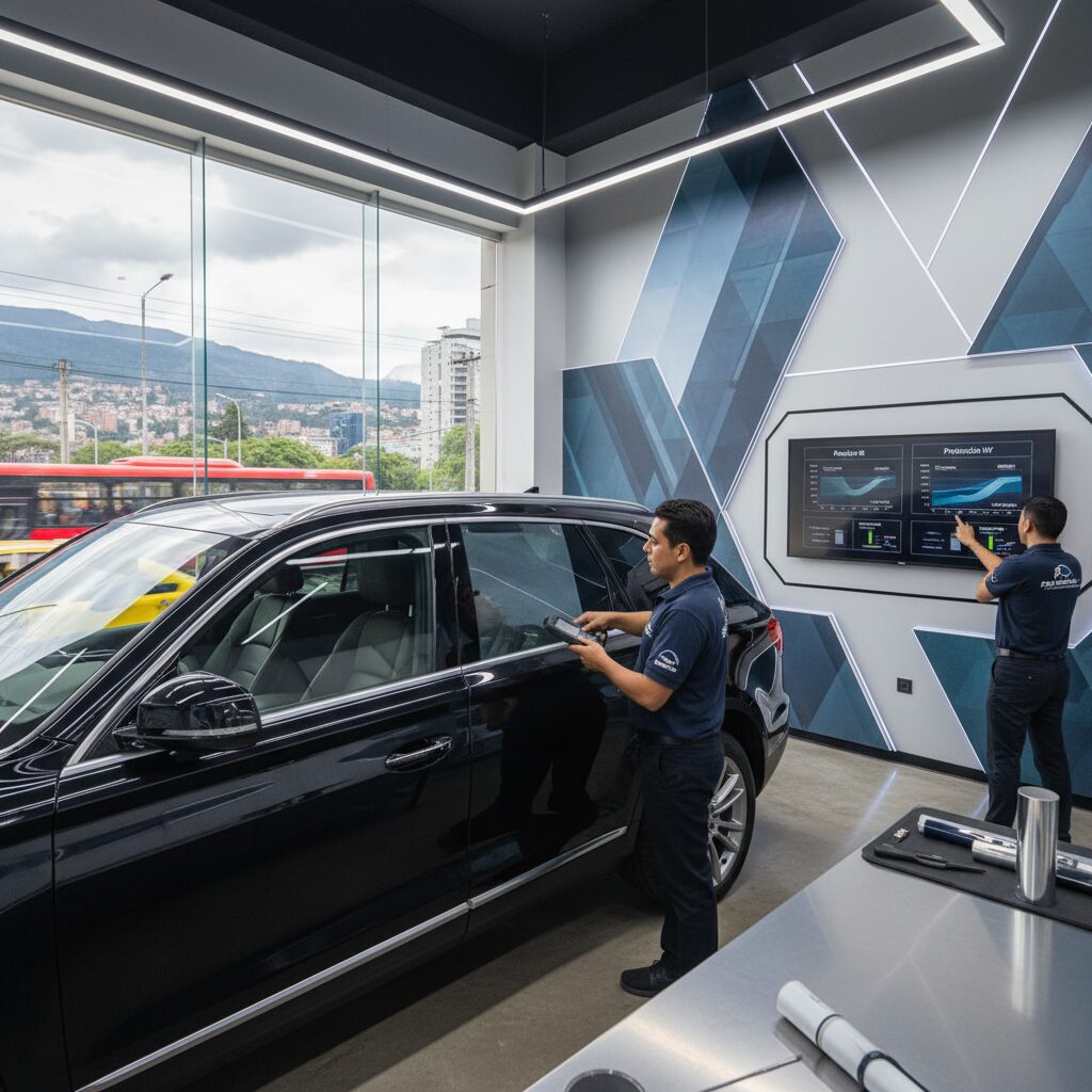 Tipos de polarizado para auto, mostrando láminas estándar, cerámicas y de seguridad en Bogotá