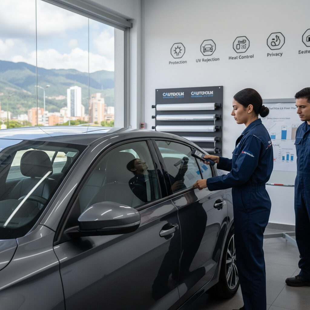 Interior de un auto con polarizado de alta calidad, mostrando confort y protección solar en Bogotá