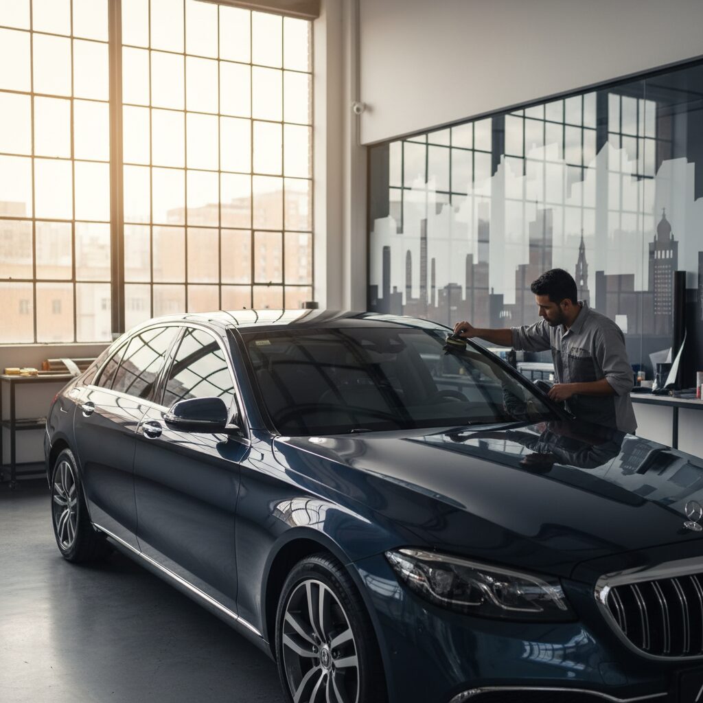 Vidrio de carro de seguridad siendo instalado en un vehículo en Bogotá, con énfasis en la calidad de los vidrios para carros.