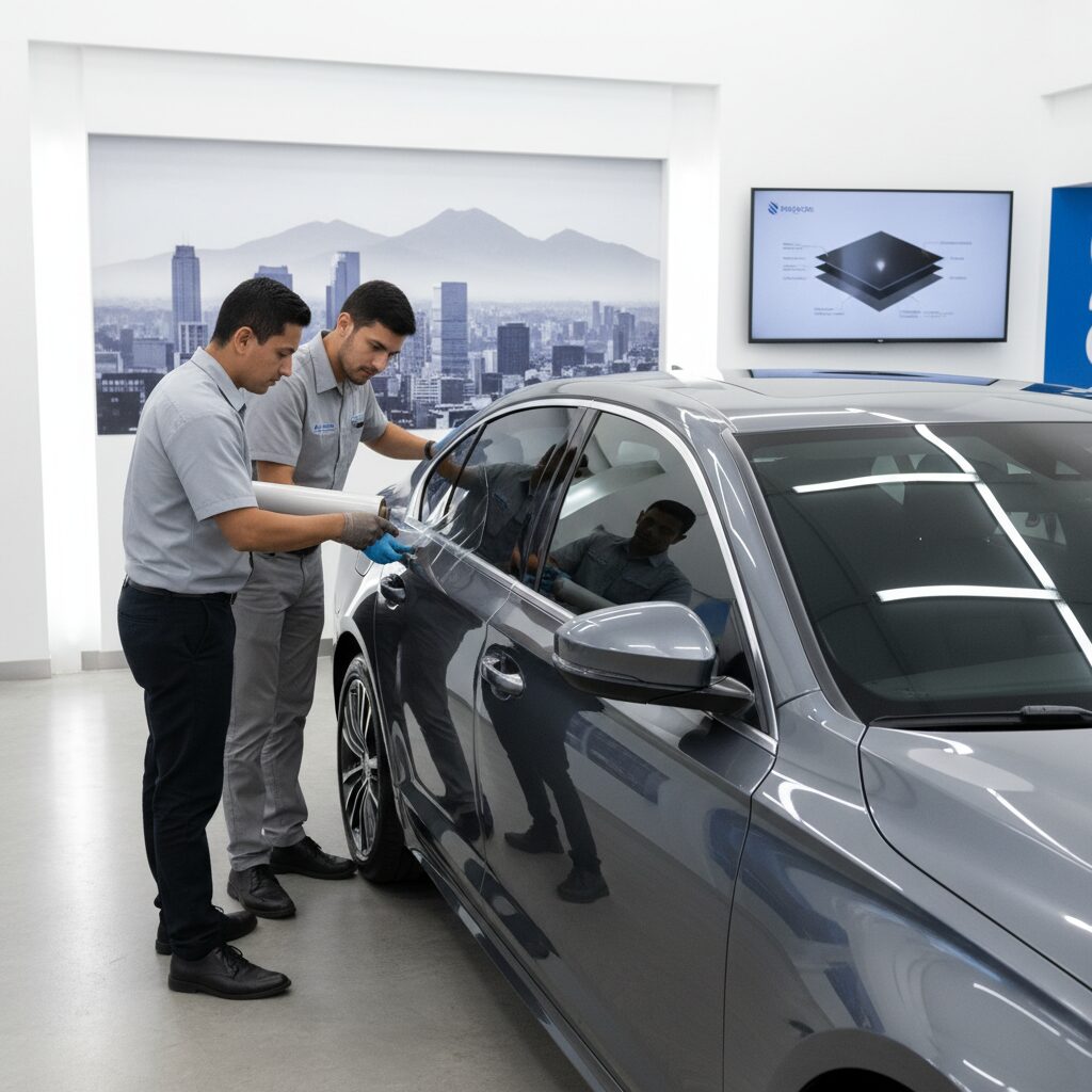 Técnico especializado instalando vidrios para carros con precisión y herramientas modernas en un taller limpio en Bogotá.