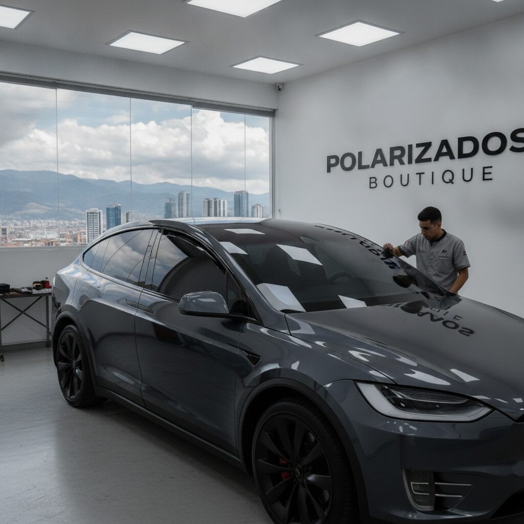 Técnicos de Polarizados Boutique instalando polarizado en un Tesla Model X en un taller limpio de Bogotá