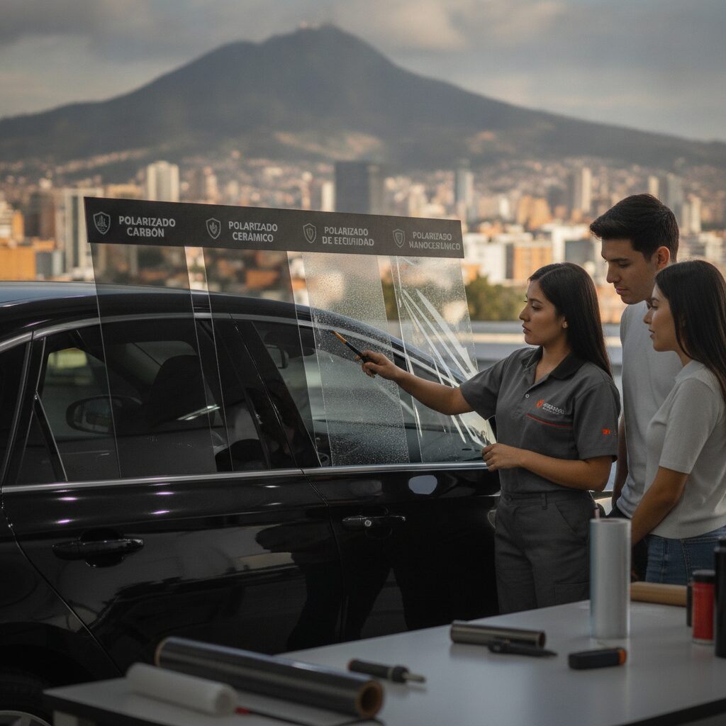 Interior de vehículo con polarizado cerámico, mostrando reducción de brillo y vista clara