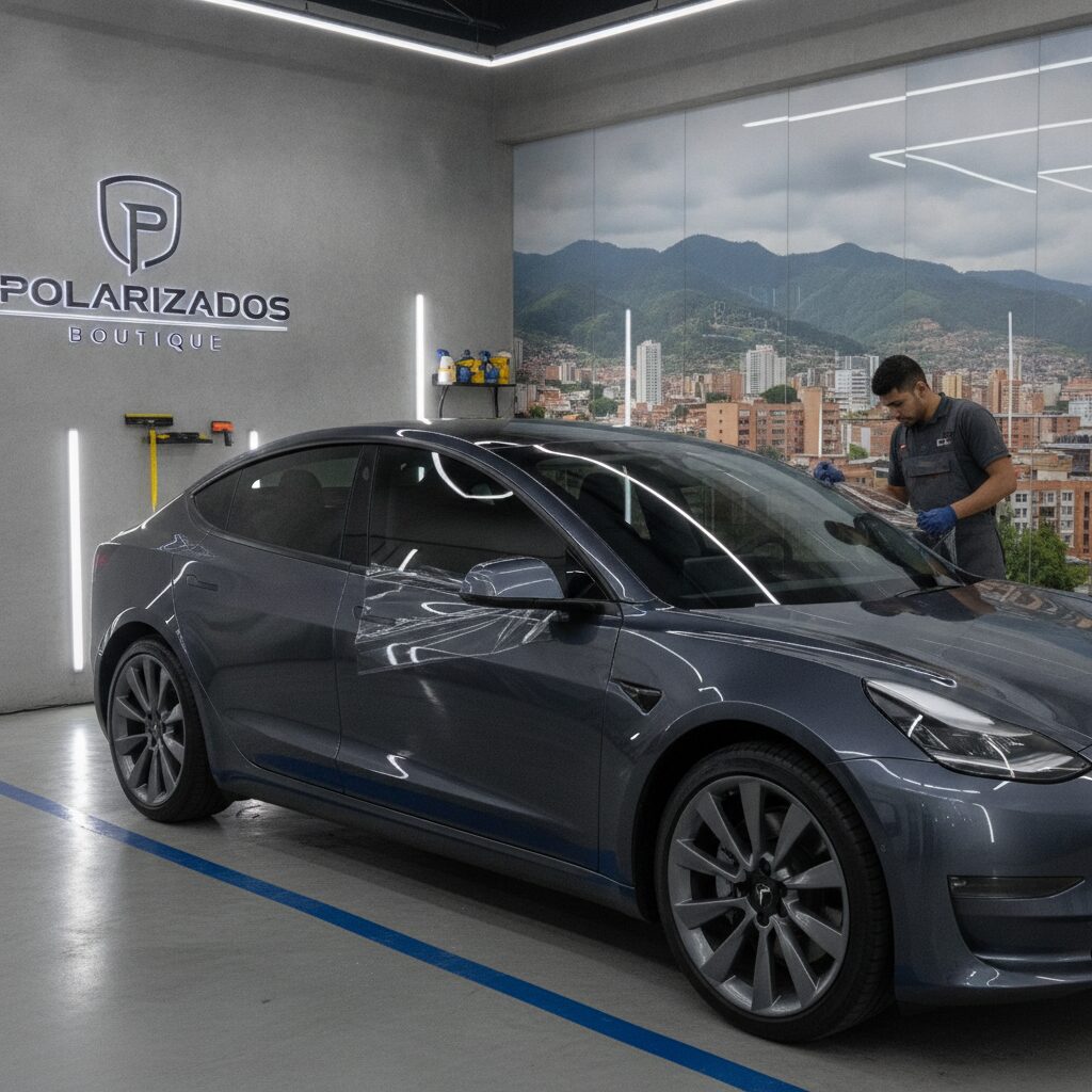 Tesla Model 3 con polarizado cerámico en Bogotá, mostrando protección UV y estilo