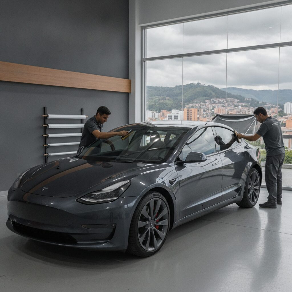 Técnicos de Autofilm Polarizados Boutique instalando polarizado en Tesla Model 3 en Bogotá